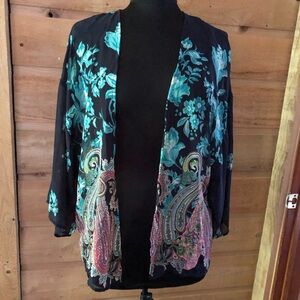 Boho festival shabby chic blue/ pink paisley sheer open front blouse size SMALL
